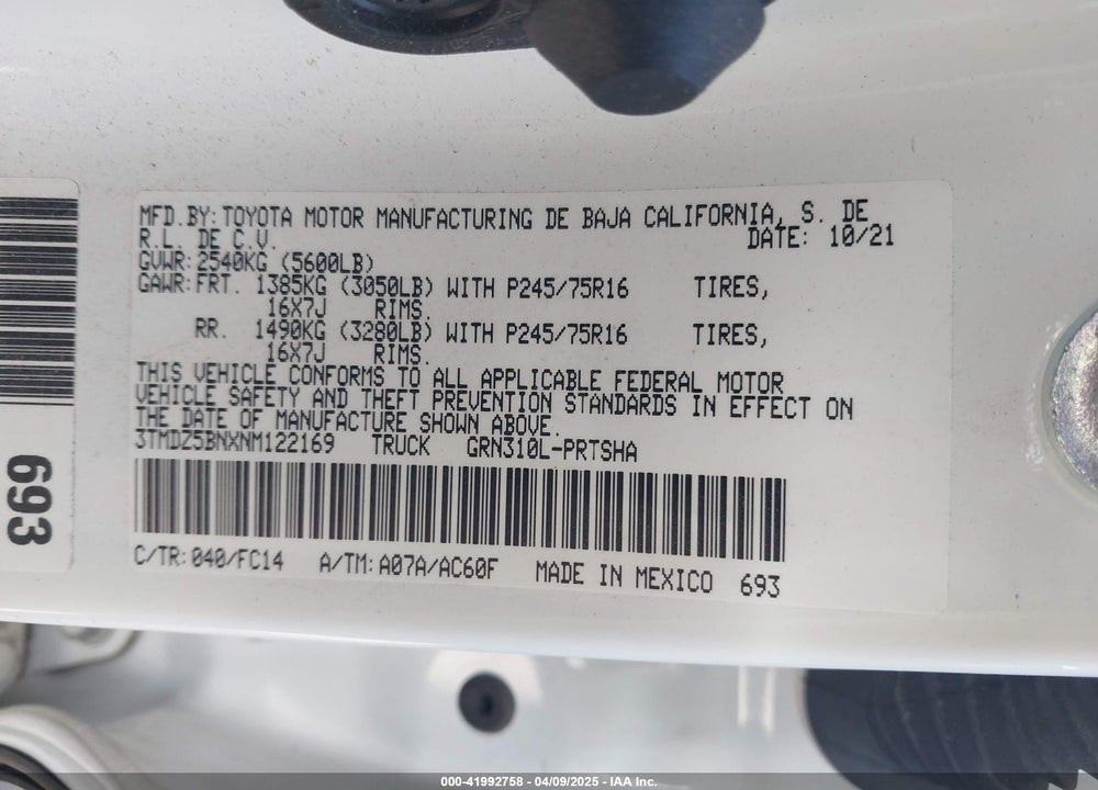 2022 TOYOTA TACOMA VIN: 3TMDZ5BNXNM122169