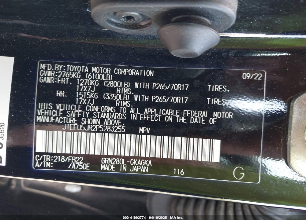 2023 TOYOTA 4RUNNER VIN: JTEEU5JR2P5283255