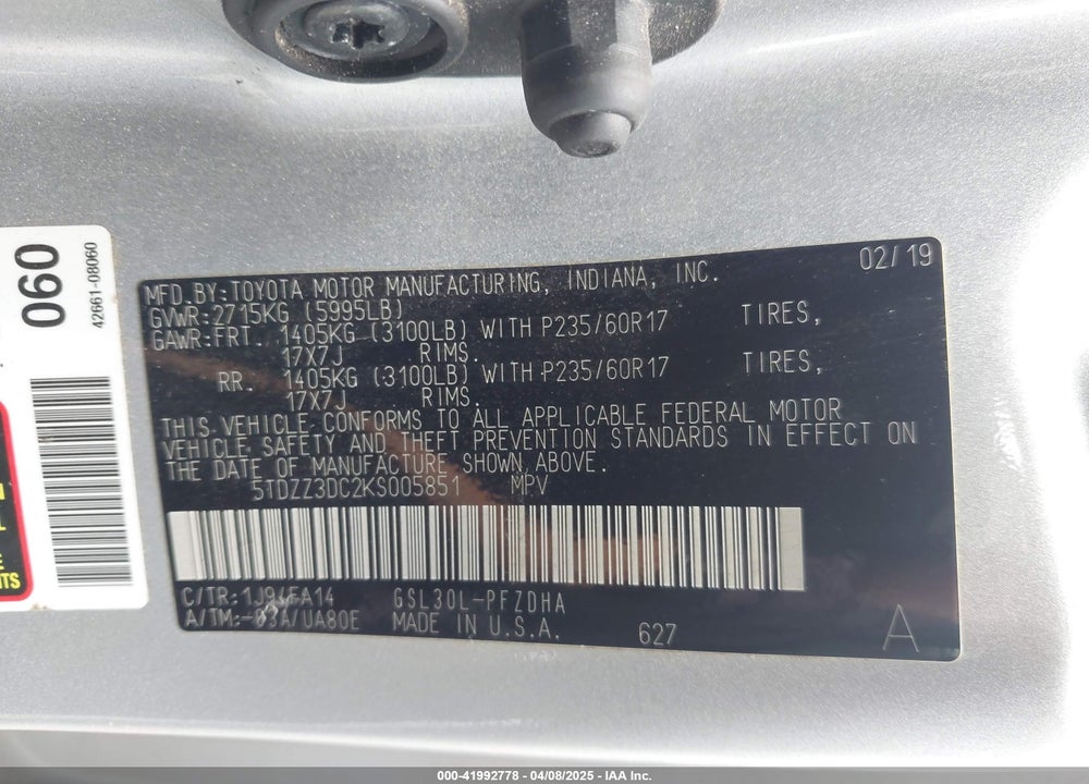 2019 TOYOTA SIENNA L 7 PASSENGER VIN: 5TDZZ3DC2KS005851