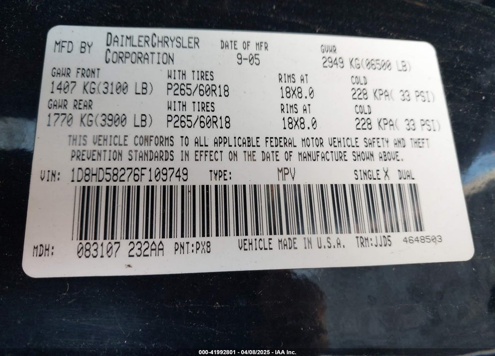 2006 DODGE DURANGO VIN: 1D8HD58276F109749