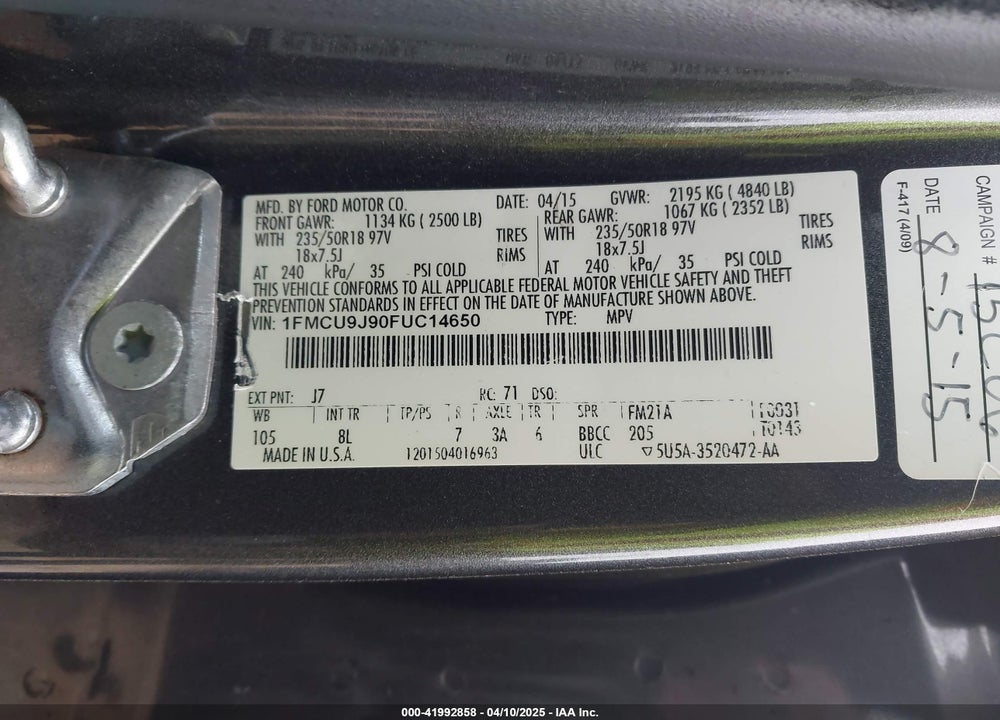 2015 FORD ESCAPE VIN: 1FMCU9J90FUC14650