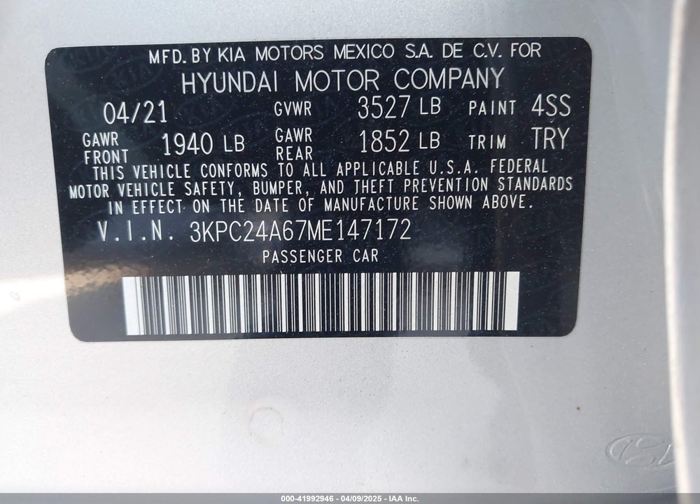 2021 HYUNDAI ACCENT VIN: 3KPC24A67ME147172