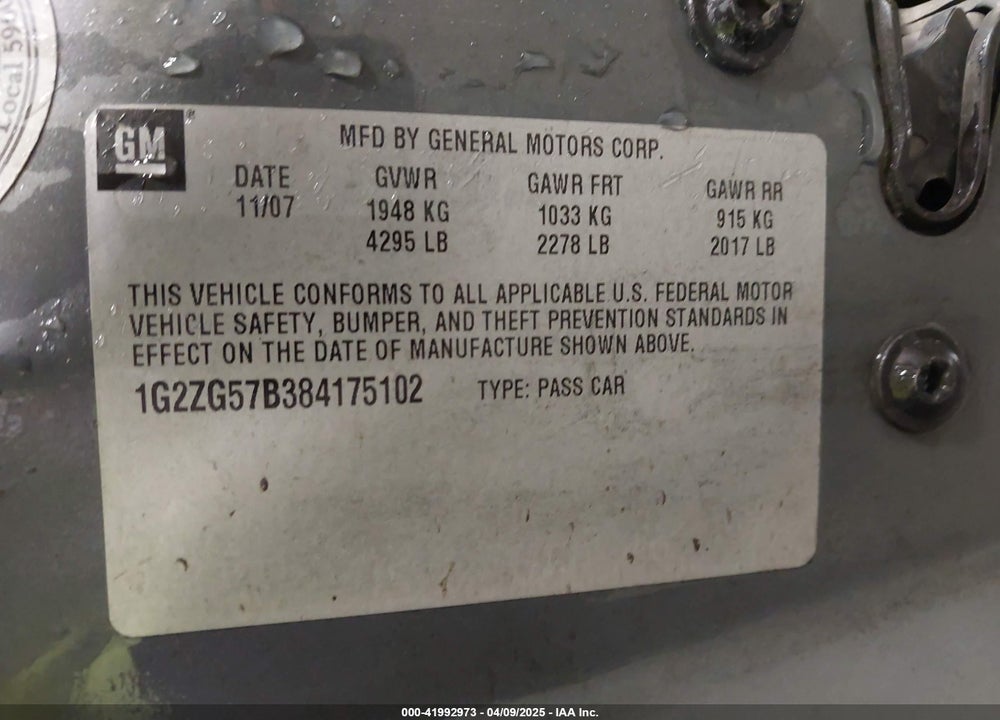 2008 PONTIAC G6 VIN: 1G2ZG57B384175102