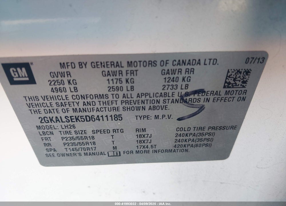 2013 GMC TERRAIN VIN: 2GKALSEK5D6411185