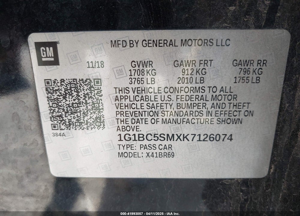 2019 CHEVROLET CRUZE LS VIN: 1G1BC5SMXK7126074