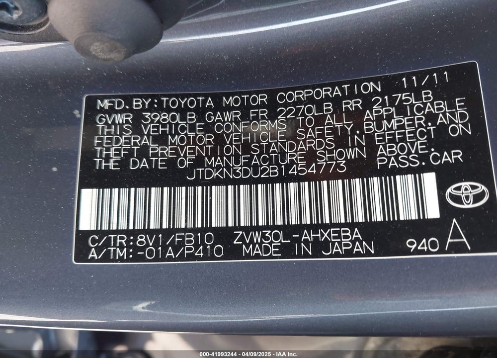 2011 TOYOTA PRIUS VIN: JTDKN3DU2B1454773