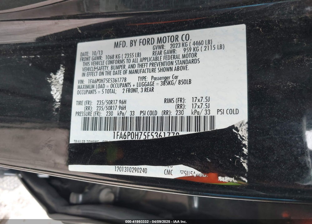 2014 FORD FUSION VIN: 1FA6P0H75E5361778