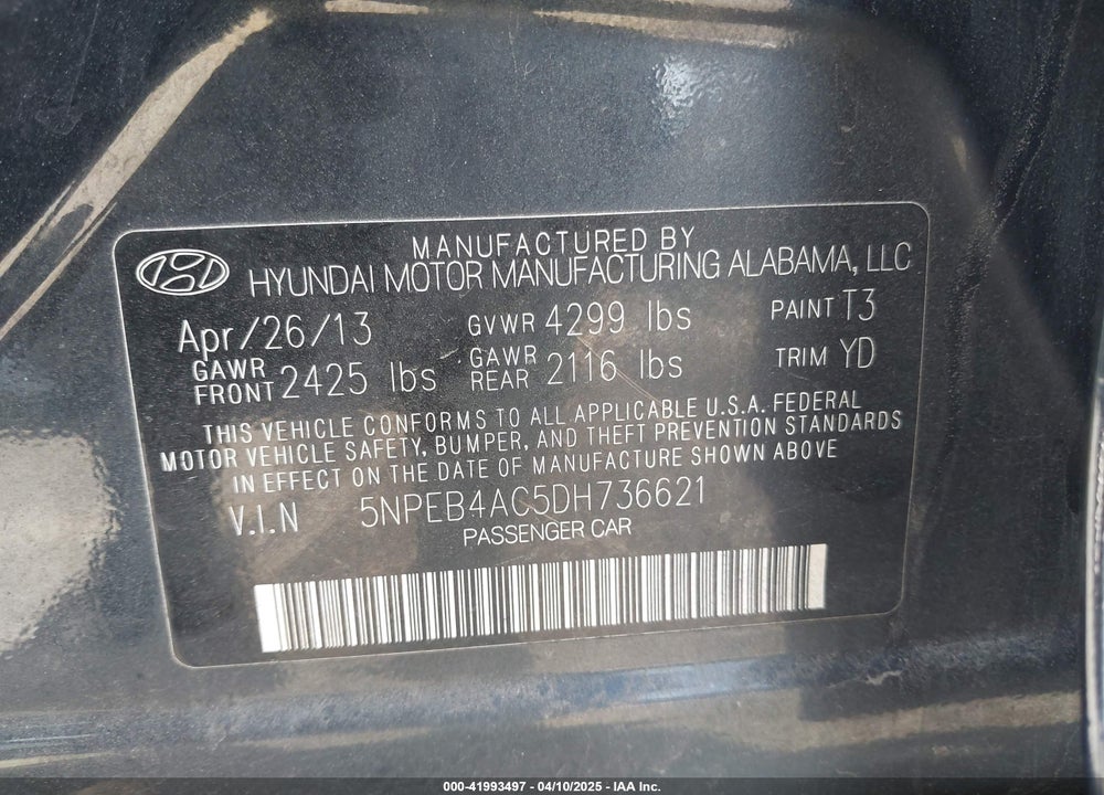 2013 HYUNDAI SONATA VIN: 5NPEB4AC5DH736621