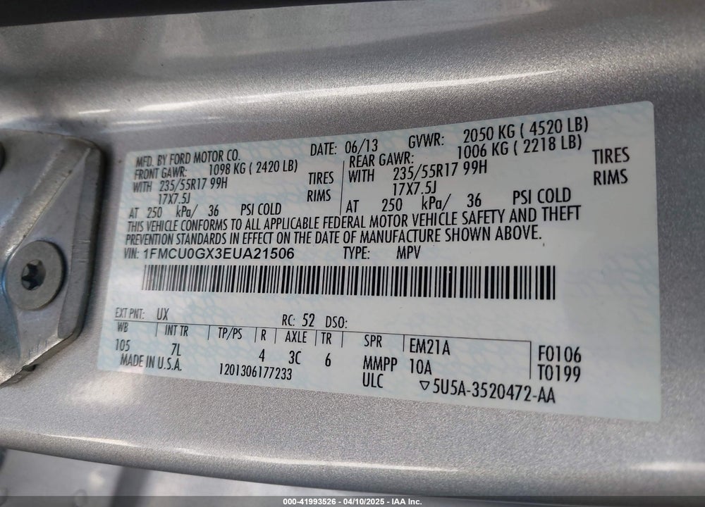 2014 FORD ESCAPE SE VIN: 1FMCU0GX3EUA21506