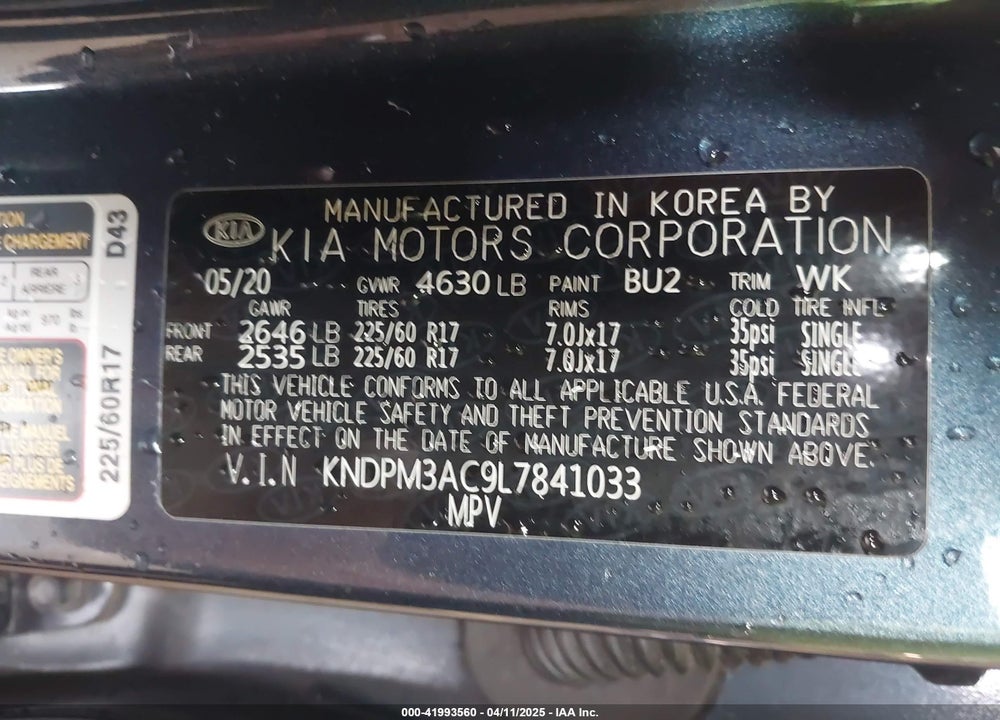 2020 KIA SPORTAGE LX VIN: KNDPM3AC9L7841033