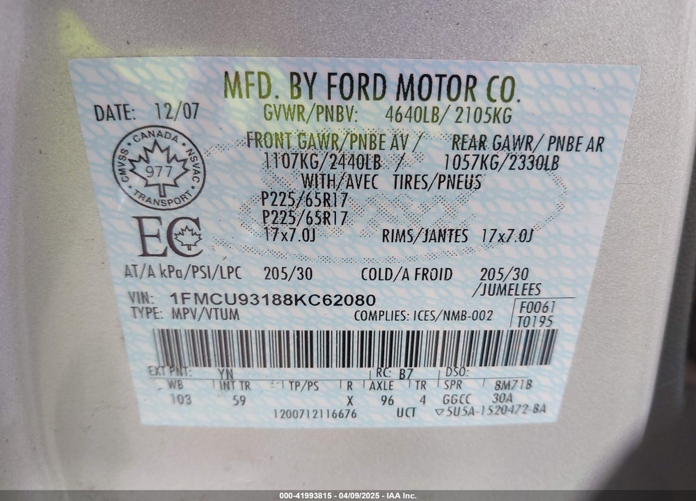 2008 FORD ESCAPE VIN: 1FMCU93188KC62080