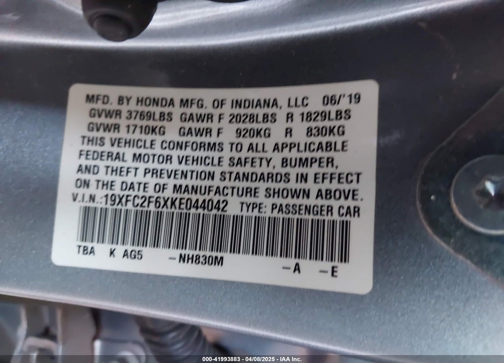 2019 HONDA CIVIC VIN: 19XFC2F6XKE044042
