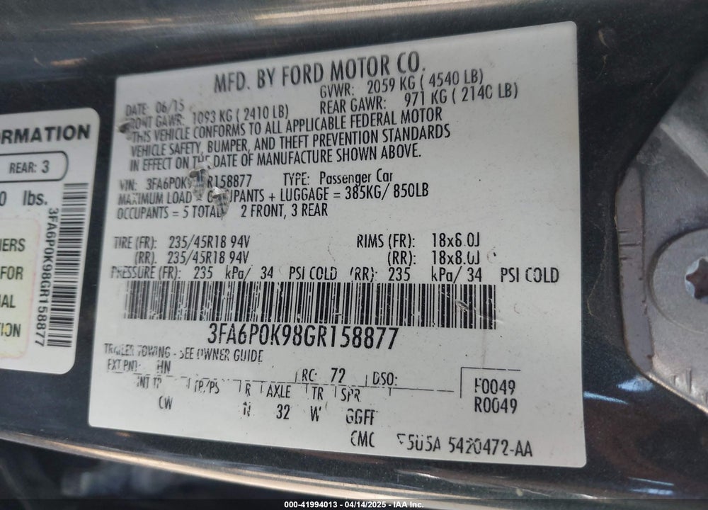 2016 FORD FUSION VIN: 3FA6P0K98GR158877