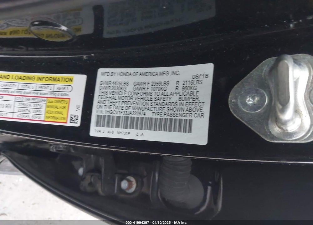2018 HONDA ACCORD VIN: 1HGCV1F33JA222874