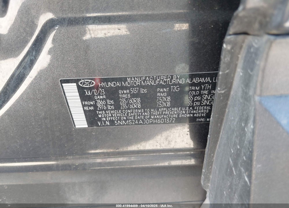 2023 HYUNDAI SANTA FE VIN: 5NMS24AJ0PH601372