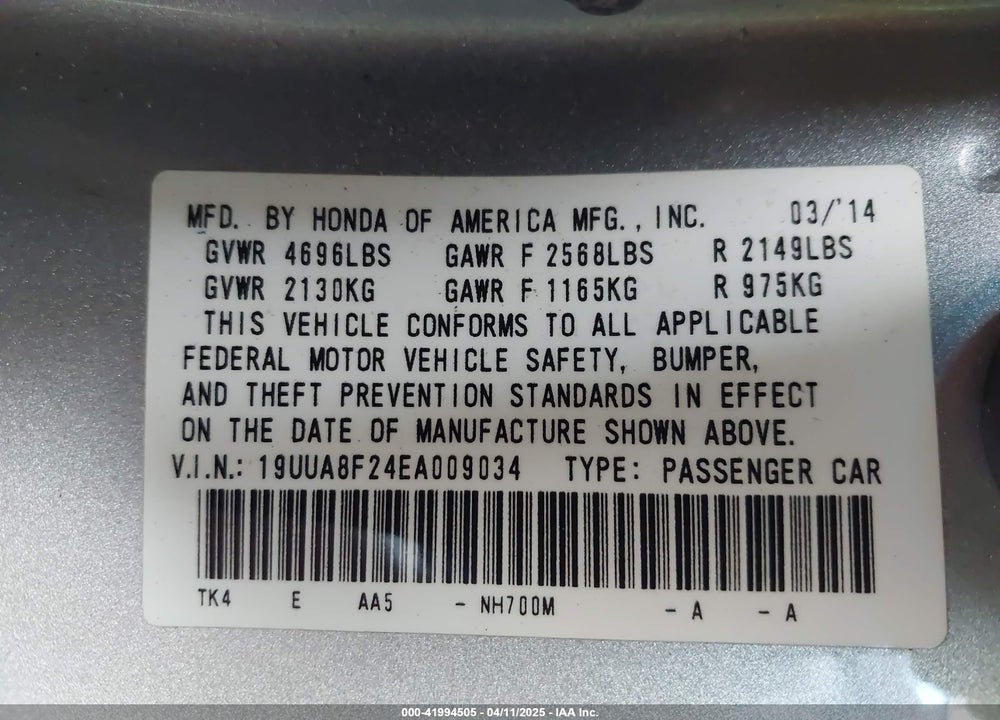 2014 ACURA TL VIN: 19UUA8F24EA009034