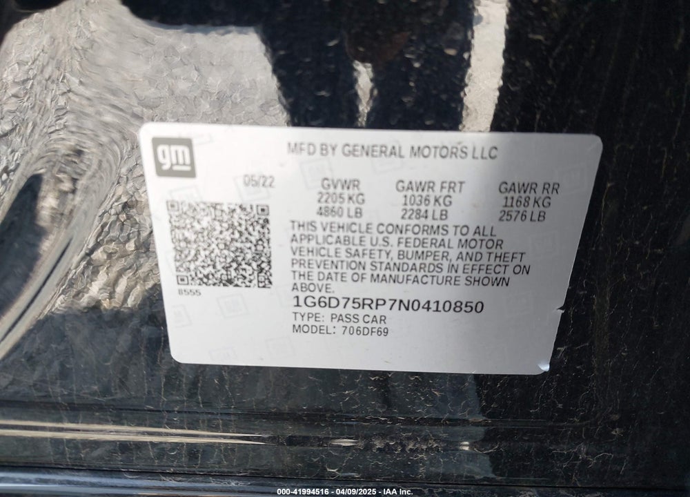 2022 CADILLAC CT4-V V-SERIES BLACKWING VIN: 1G6D75RP7N0410850
