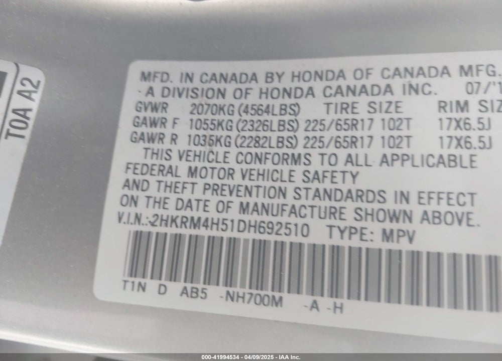 2013 HONDA CR-V VIN: 2HKRM4H51DH692510
