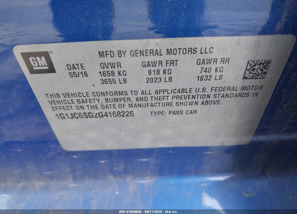 2016 CHEVROLET SONIC VIN: 1G1JC6SG2G4168226