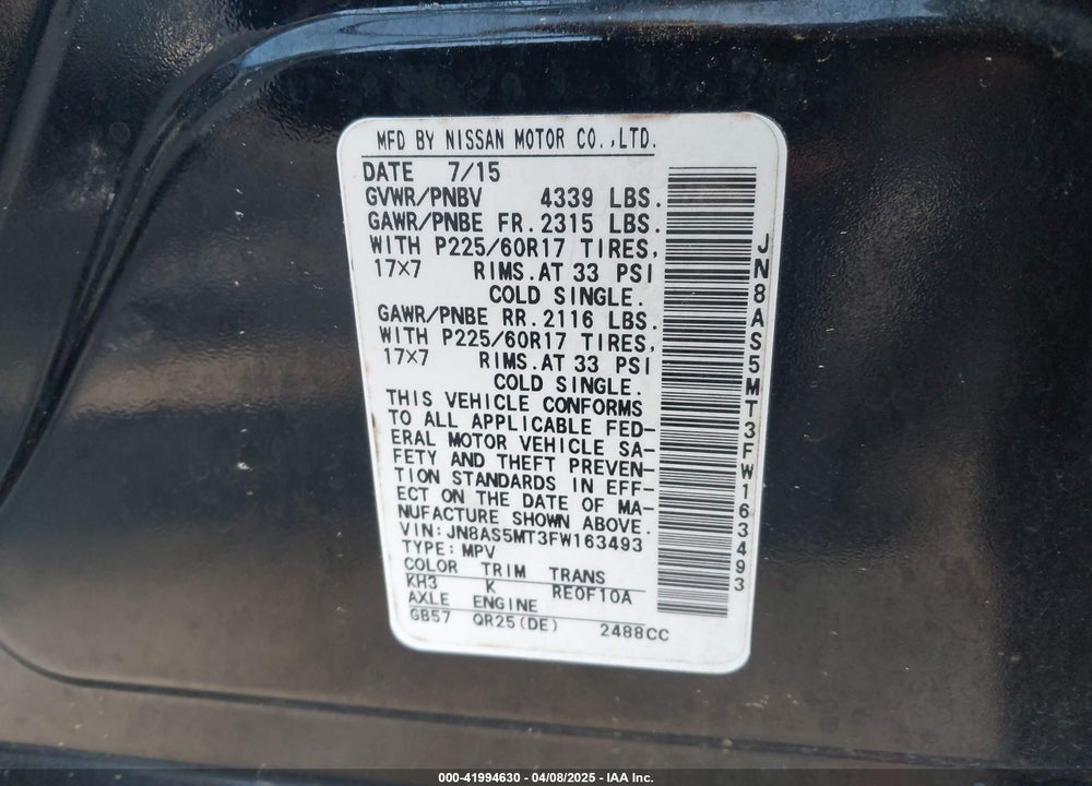 2015 NISSAN ROGUE SELECT VIN: JN8AS5MT3FW163493