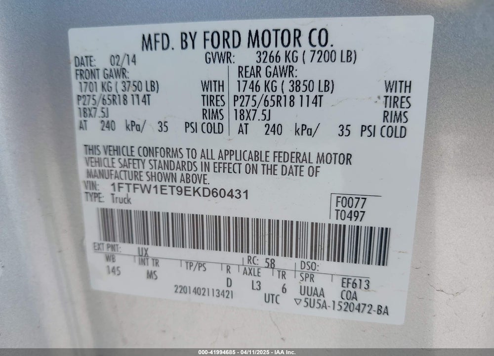 2014 FORD F-150 XLT VIN: 1FTFW1ET9EKD60431