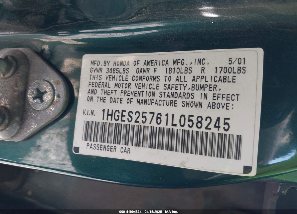 2001 HONDA CIVIC EX VIN: 1HGES25761L058245