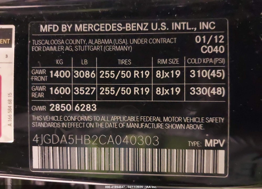 2012 MERCEDES-BENZ ML-CLASS VIN: 4JGDA5HB2CA040303