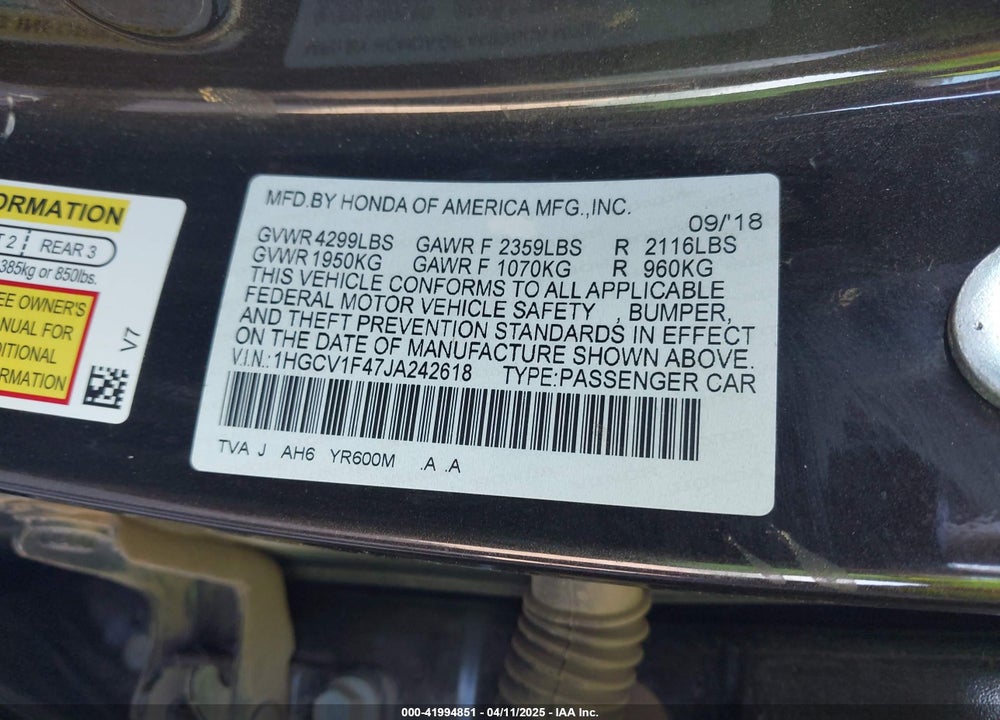 2018 HONDA ACCORD EX VIN: 1HGCV1F47JA242618