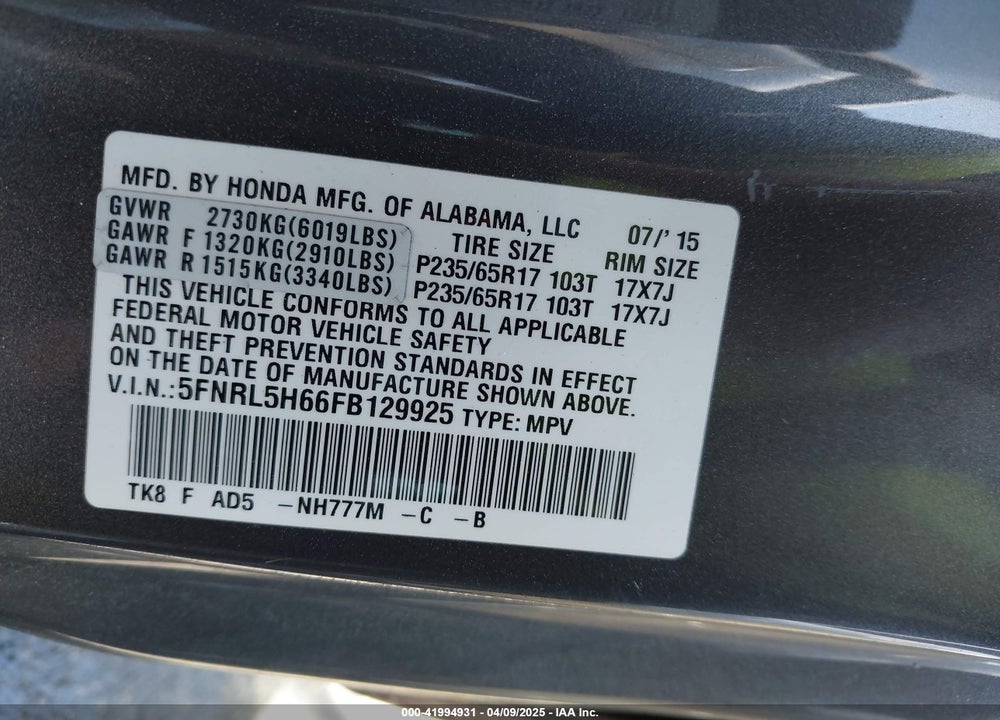 2015 HONDA ODYSSEY EX-L VIN: 5FNRL5H66FB129925