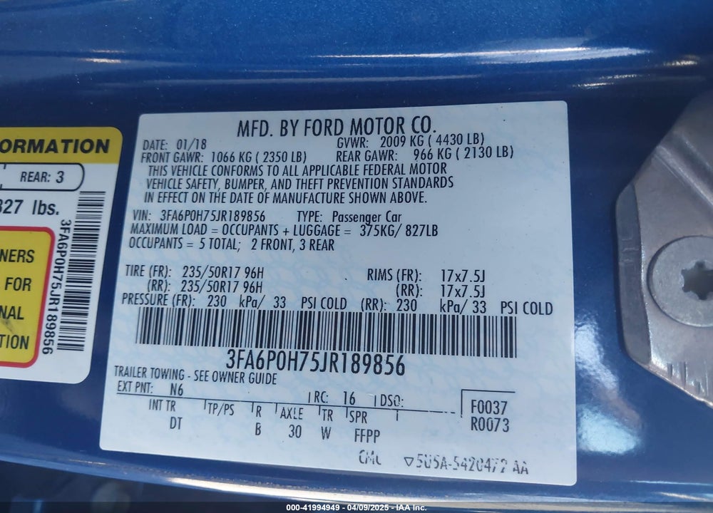 2018 FORD FUSION SE VIN: 3FA6P0H75JR189856