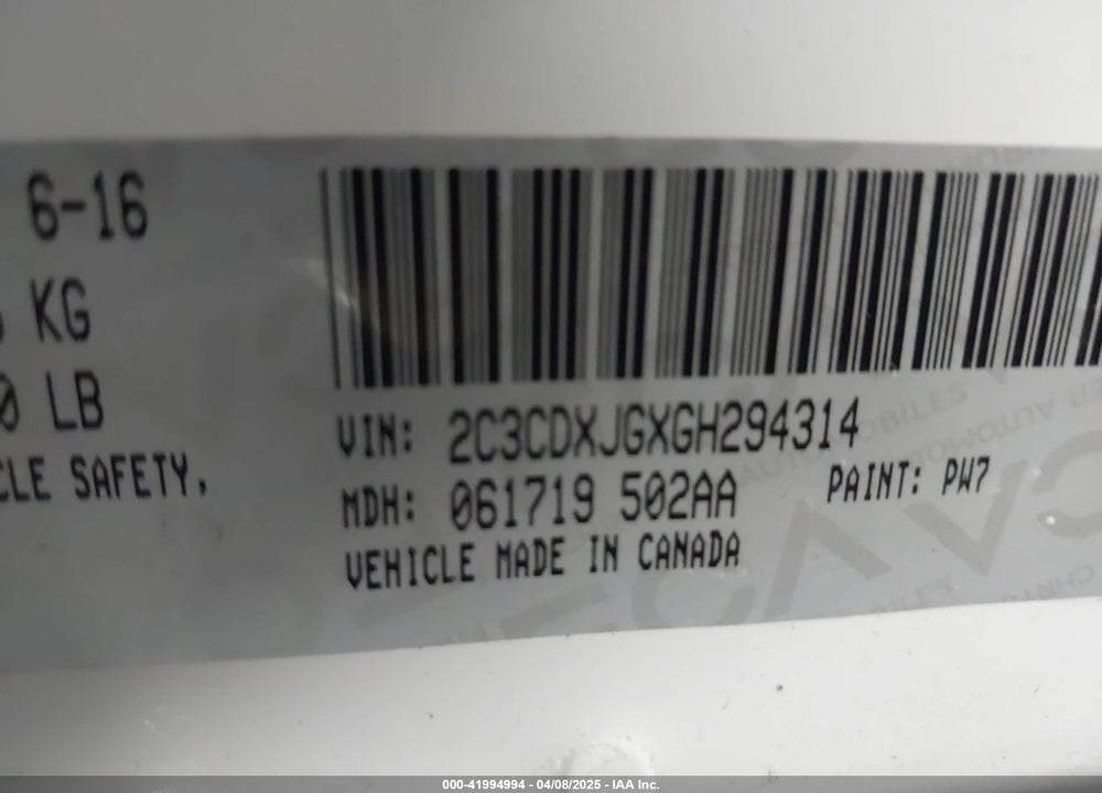 2016 DODGE CHARGER VIN: 2C3CDXJGXGH294314