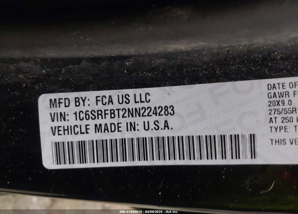 2022 RAM 1500 VIN: 1C6SRFBT2NN224283