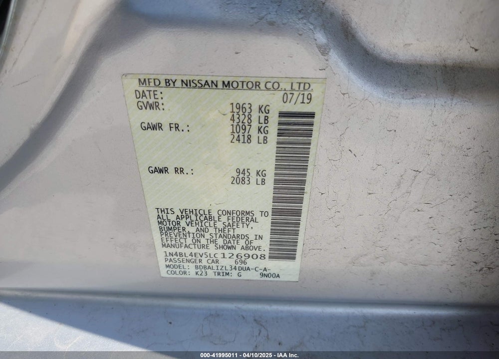2020 NISSAN ALTIMA VIN: 1N4BL4EV5LC126908