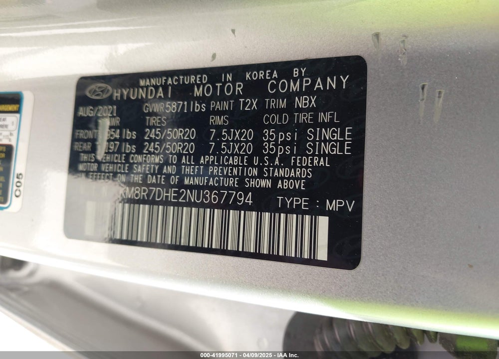 2022 HYUNDAI PALISADE VIN: KM8R7DHE2NU367794