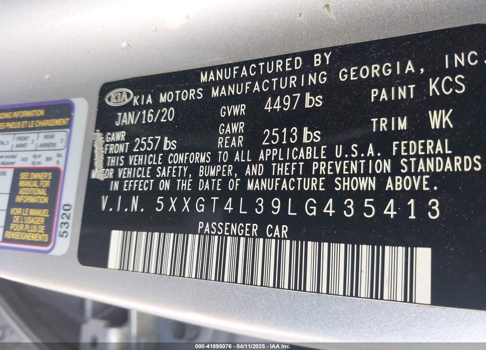 2020 KIA OPTIMA VIN: 5XXGT4L39LG435413
