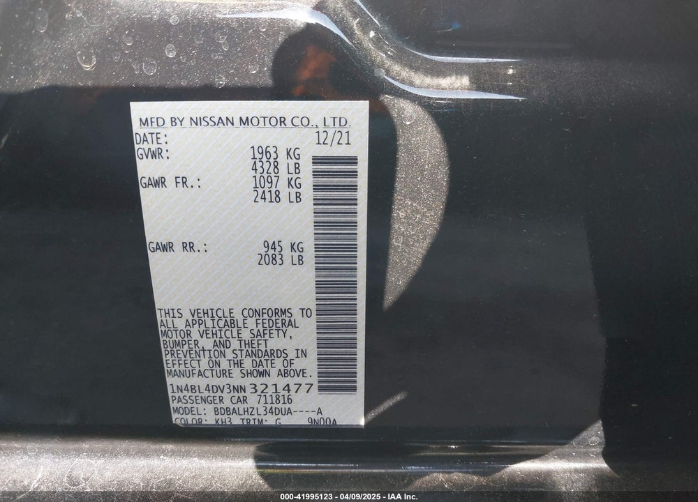 2022 NISSAN ALTIMA VIN: 1N4BL4DV3NN321477