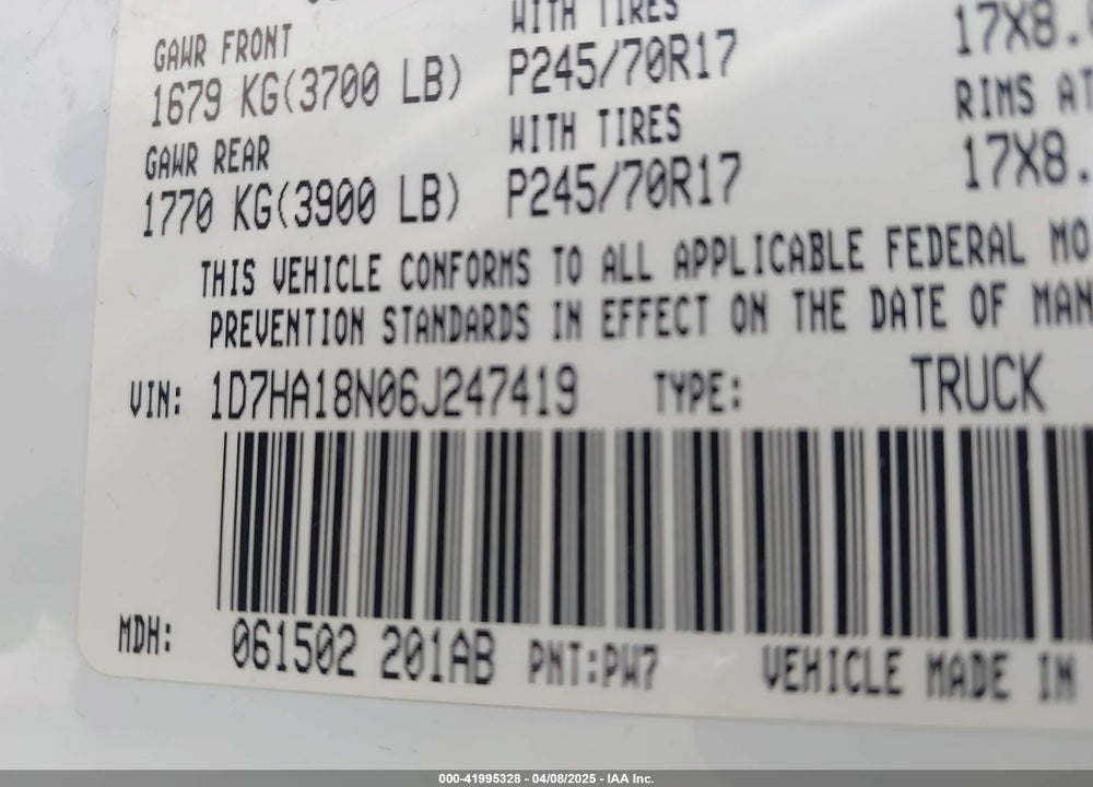 2006 DODGE RAM 1500 SLT VIN: 1D7HA18N06J247419