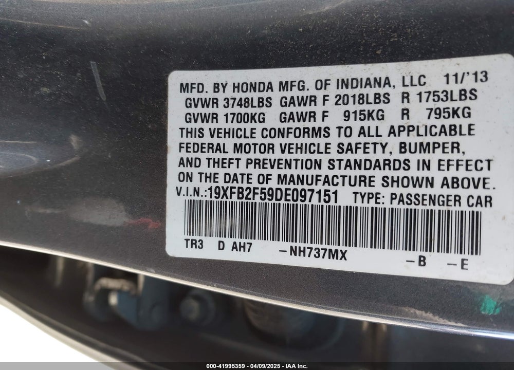 2013 HONDA CIVIC VIN: 19XFB2F59DE097151