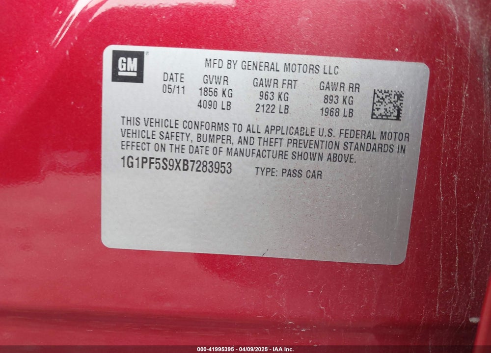 2011 CHEVROLET CRUZE VIN: 1G1PF5S9XB7283953