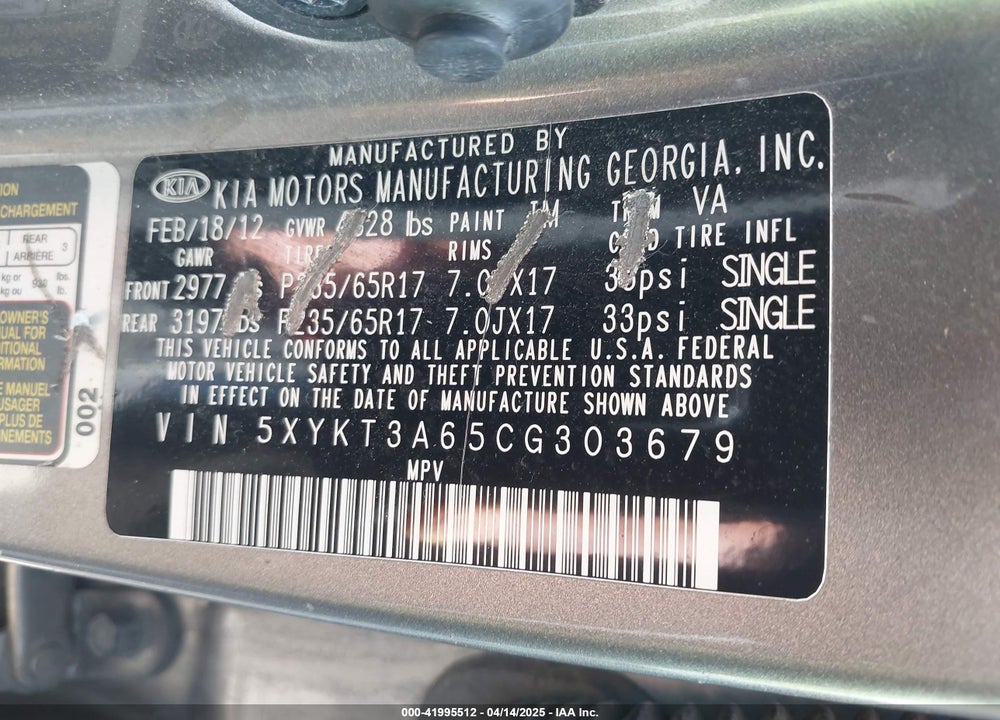 2012 KIA SORENTO VIN: 5XYKT3A65CG303679