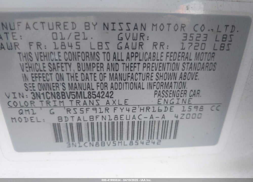 2021 NISSAN VERSA S 5-SPEED MANUAL TRANSMISSION VIN: 3N1CN8BV5ML854242