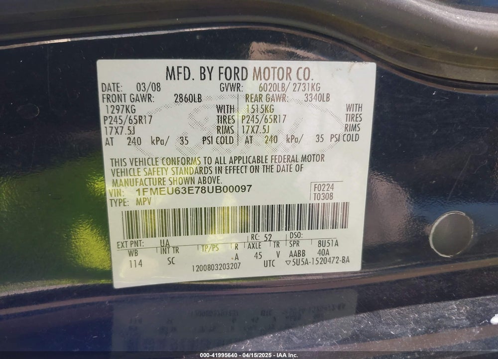 2008 FORD EXPLORER VIN: 1FMEU63E78UB00097