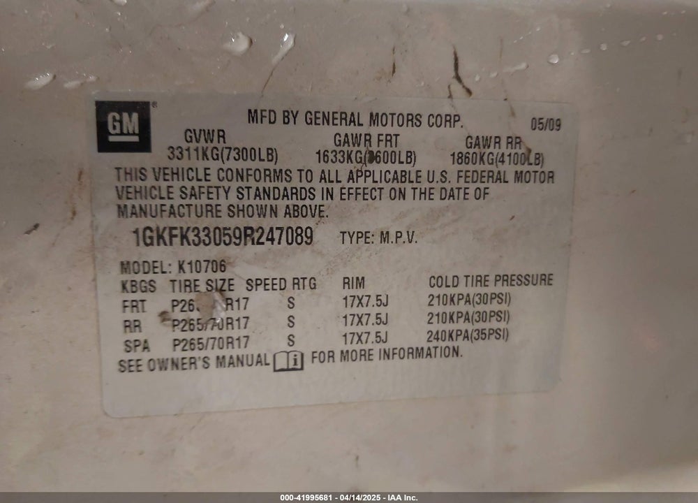 2009 GMC YUKON VIN: 1GKFK33059R247089
