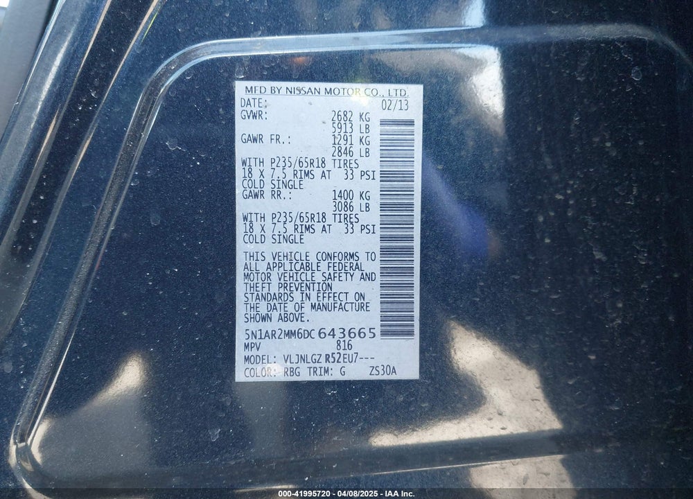 2013 NISSAN PATHFINDER VIN: 5N1AR2MM6DC643665