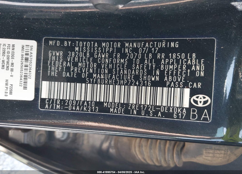 2017 TOYOTA COROLLA VIN: 5YFBURHE3HP724316