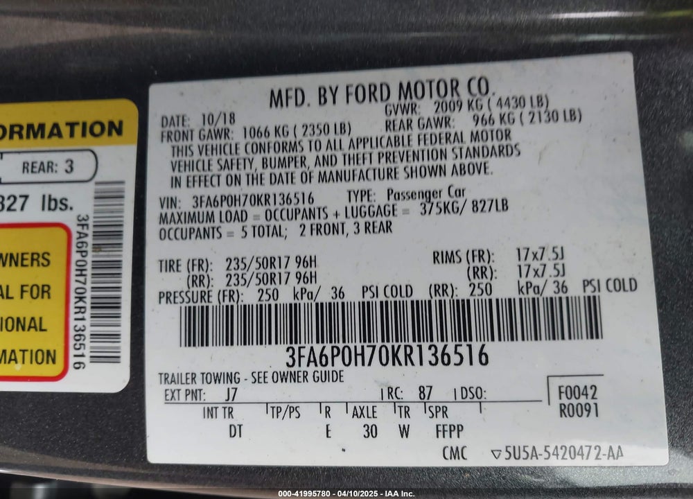 2019 FORD FUSION SE VIN: 3FA6P0H70KR136516