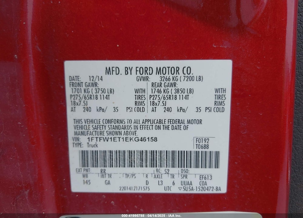 2014 FORD F-150 VIN: 1FTFW1ET1EKG46158