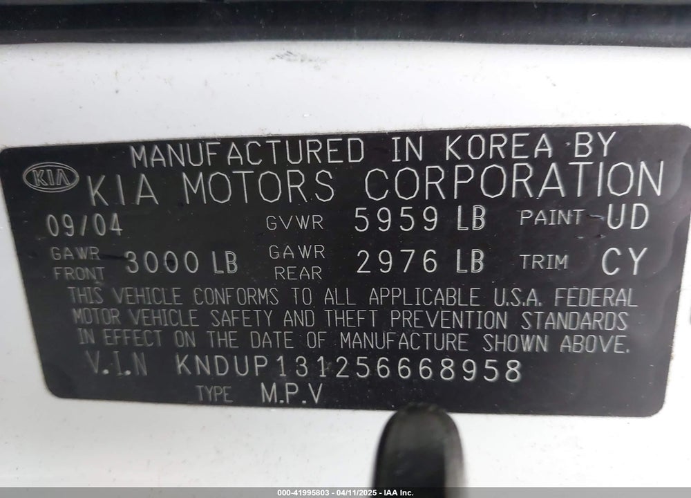 2005 KIA SEDONA VIN: KNDUP131256668958