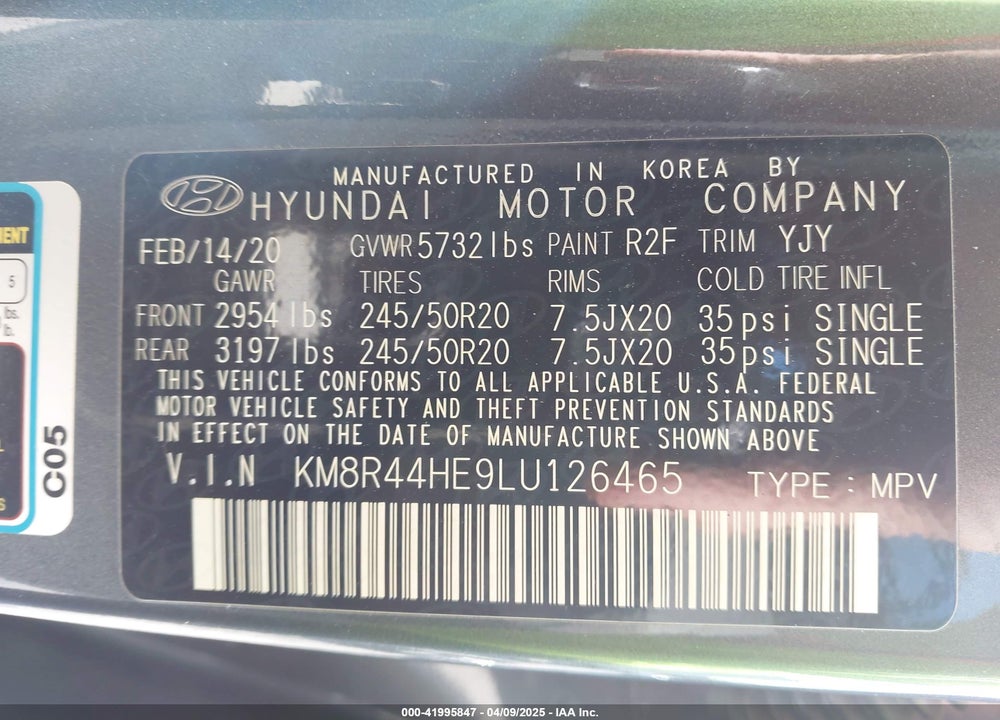 2020 HYUNDAI PALISADE VIN: KM8R44HE9LU126465