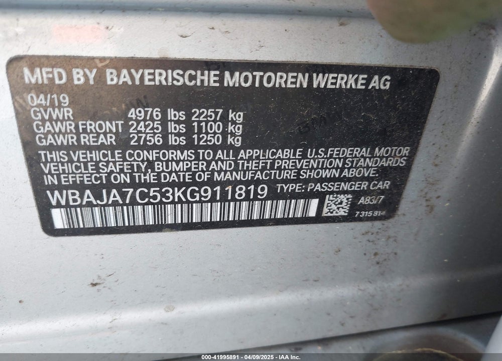 2019 BMW 5 SERIES VIN: WBAJA7C53KG911819